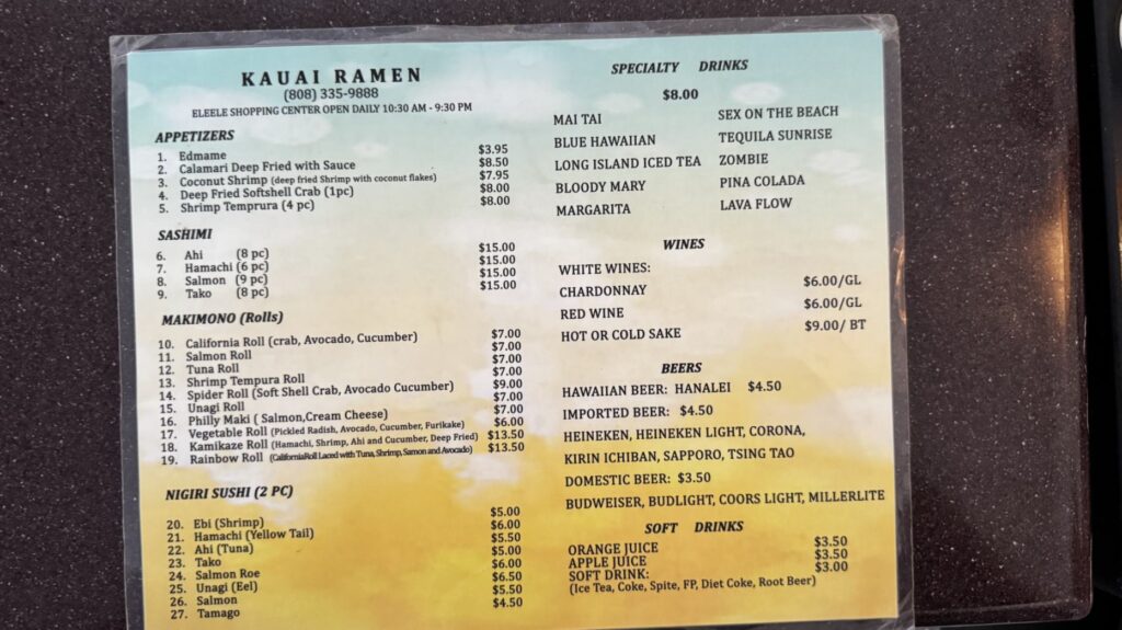 Kauai Ramen Menu 1